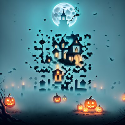 Haunted House Halloween Digital Painting Graveyard QR Code for Posters