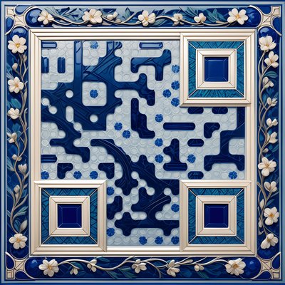 Blue Azulejo Floral Tile QR Code Art