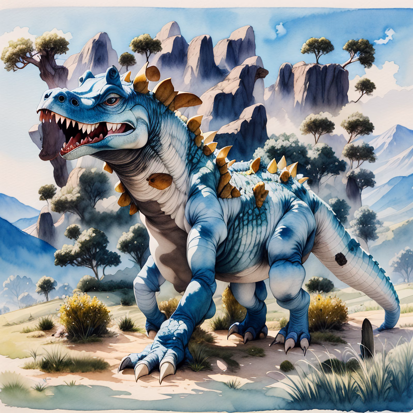 Blue Dinosaur Watercolor Landscape QR Code for Posters — image 1