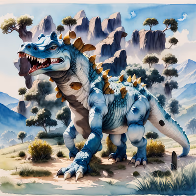 Blue Dinosaur Watercolor Landscape QR Code for Posters — image 1