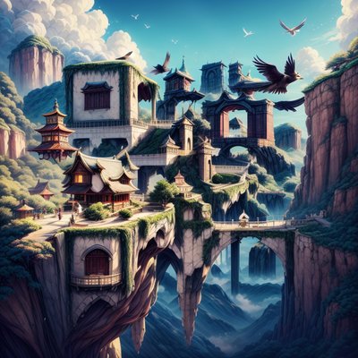 Fantasy Cliffside Pagoda Village QR Code Art