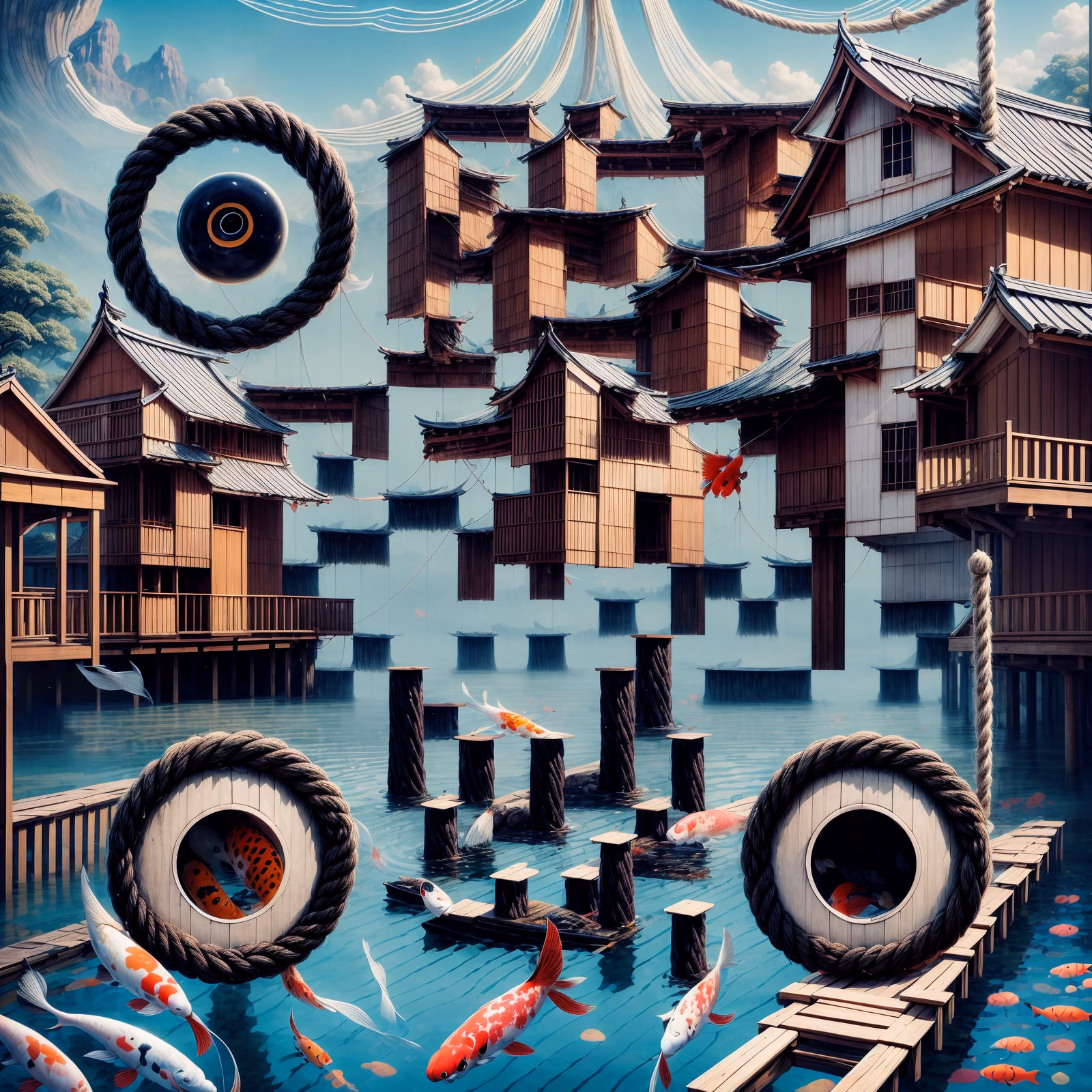 Floating Wooden Houses Koi Surreal QR Code Art — image 1