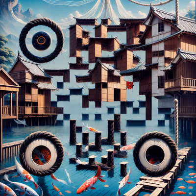 Floating Wooden Houses Koi Surreal QR Code Art — image 1