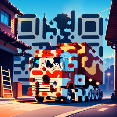 Мультяшный грузовик на улице, гуашь, QR-код — изображение 1