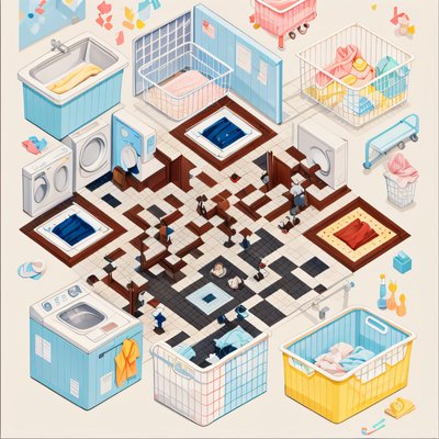 Изометрическая прачечная, гуашь, QR-код для вывески