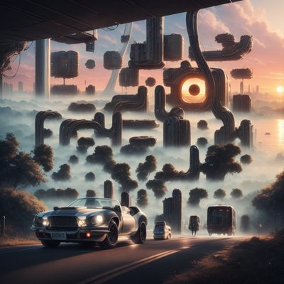 Ретро-автомобиль и чужая долина на закате: QR-код для постеров
