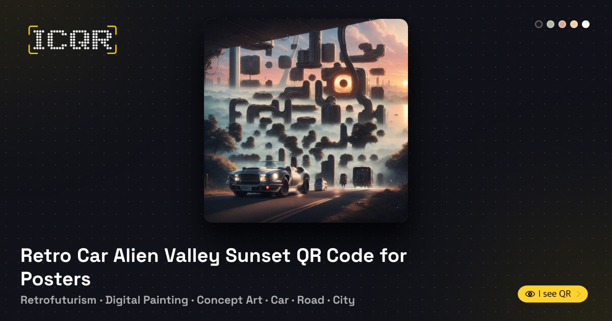 Retro Car Alien Valley Sunset QR Code for Posters • ICQR