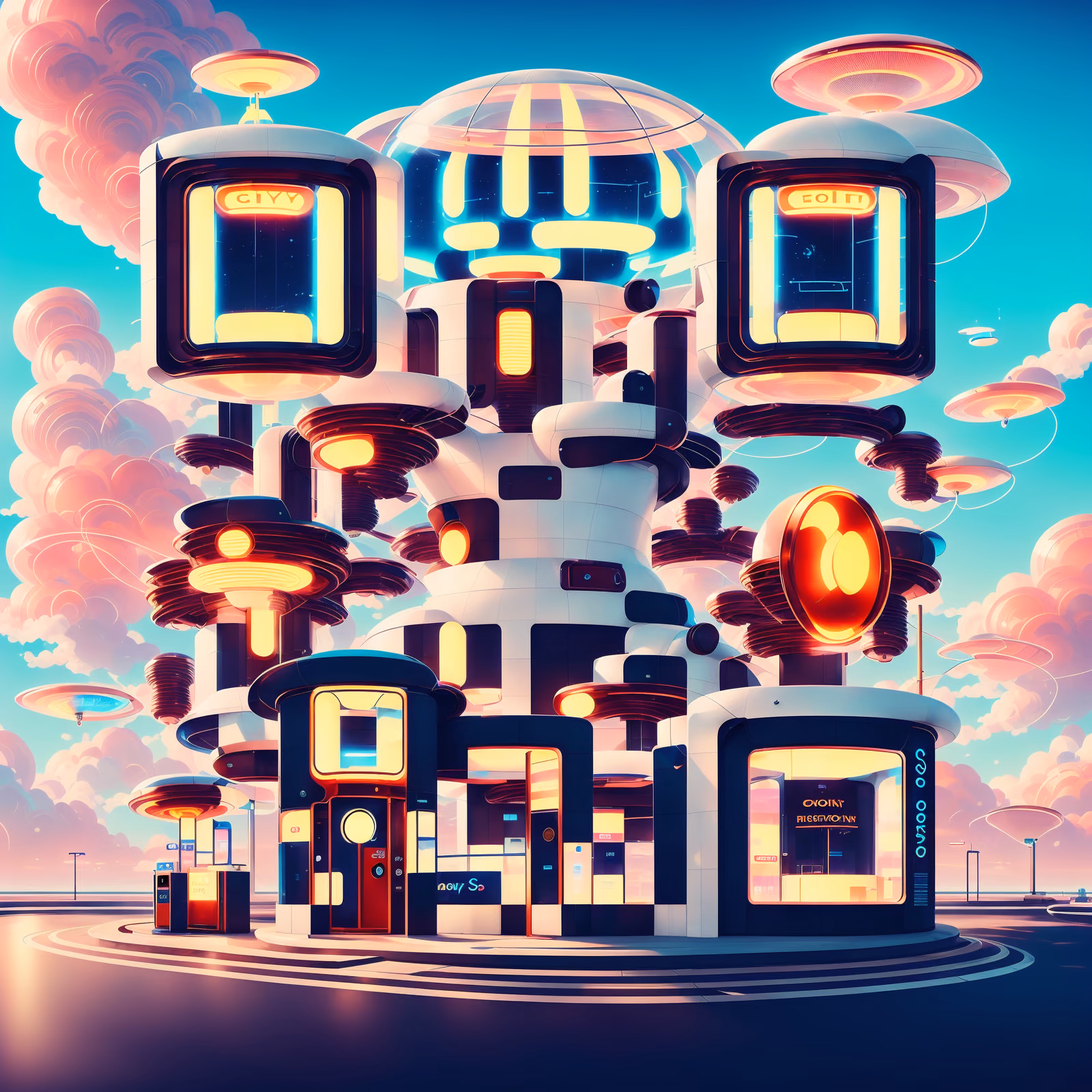 Retrofuturistic Saucer Tower Digital QR Code for Posters — image 1