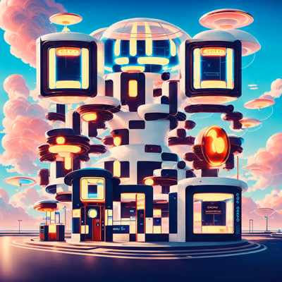 Retrofuturistic Saucer Tower Digital QR Code for Posters — image 1