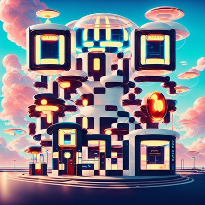 Retrofuturistic Saucer Tower Digital QR Code for Posters