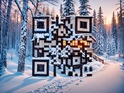 Snowy Cabin Winter Forest Photorealistic QR Code for Posters