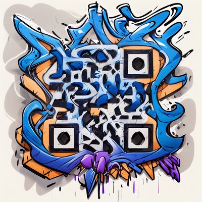 蓝色涂鸦字体抽象二维码设计，适用于贴纸