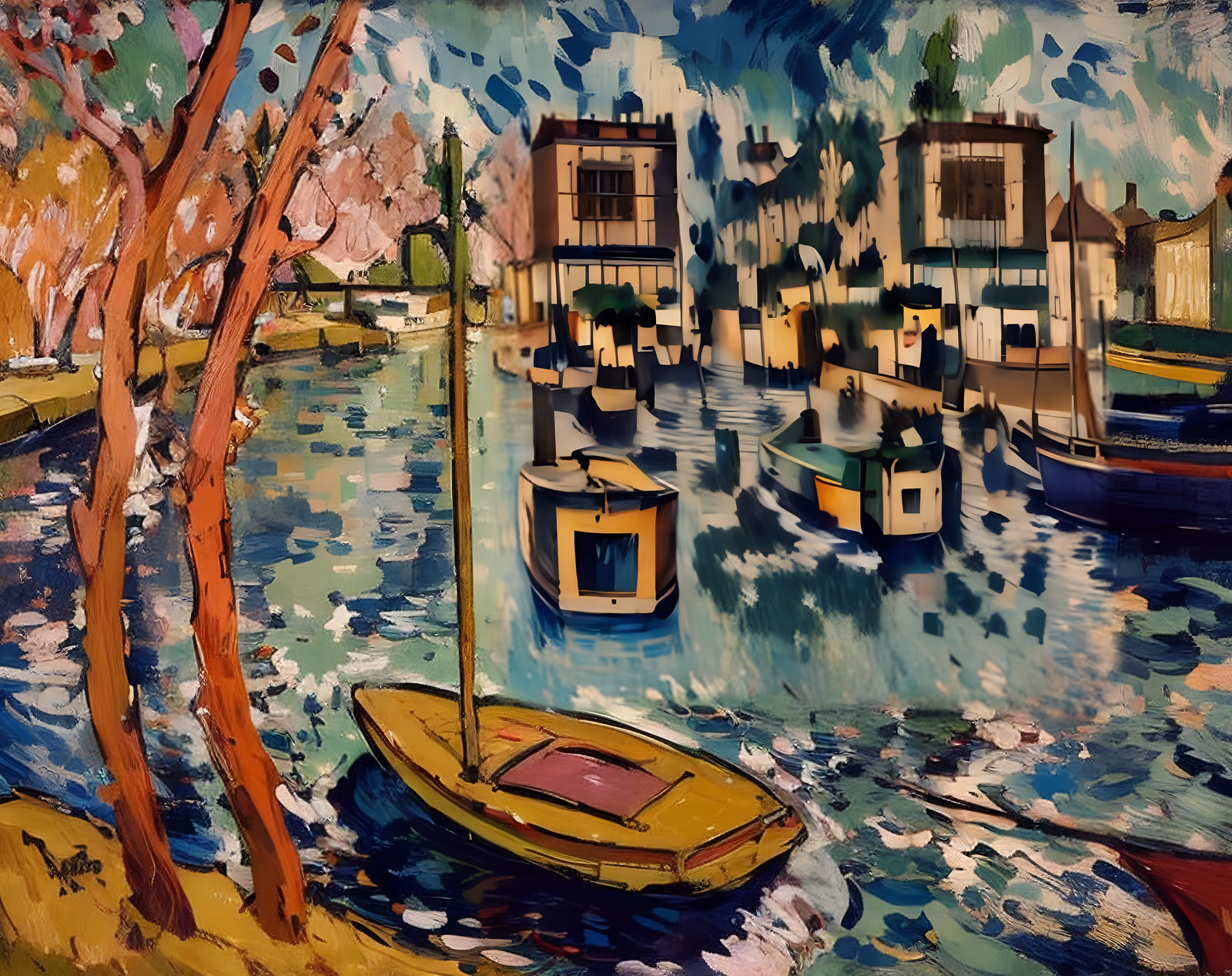 Riverside Boats Expressive Painting QR Code Art — image 1