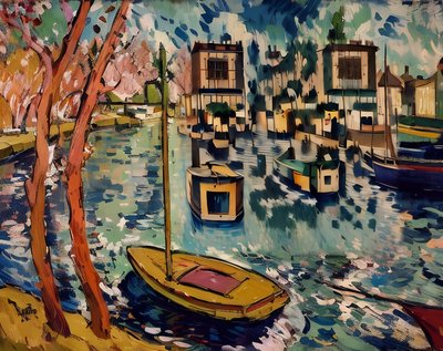 Riverside Boats Expressive Painting QR Code Art