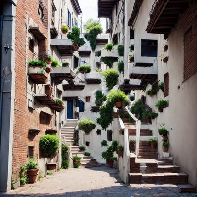 Plant Lined Alley Stairway Photorealistic QR Code Art