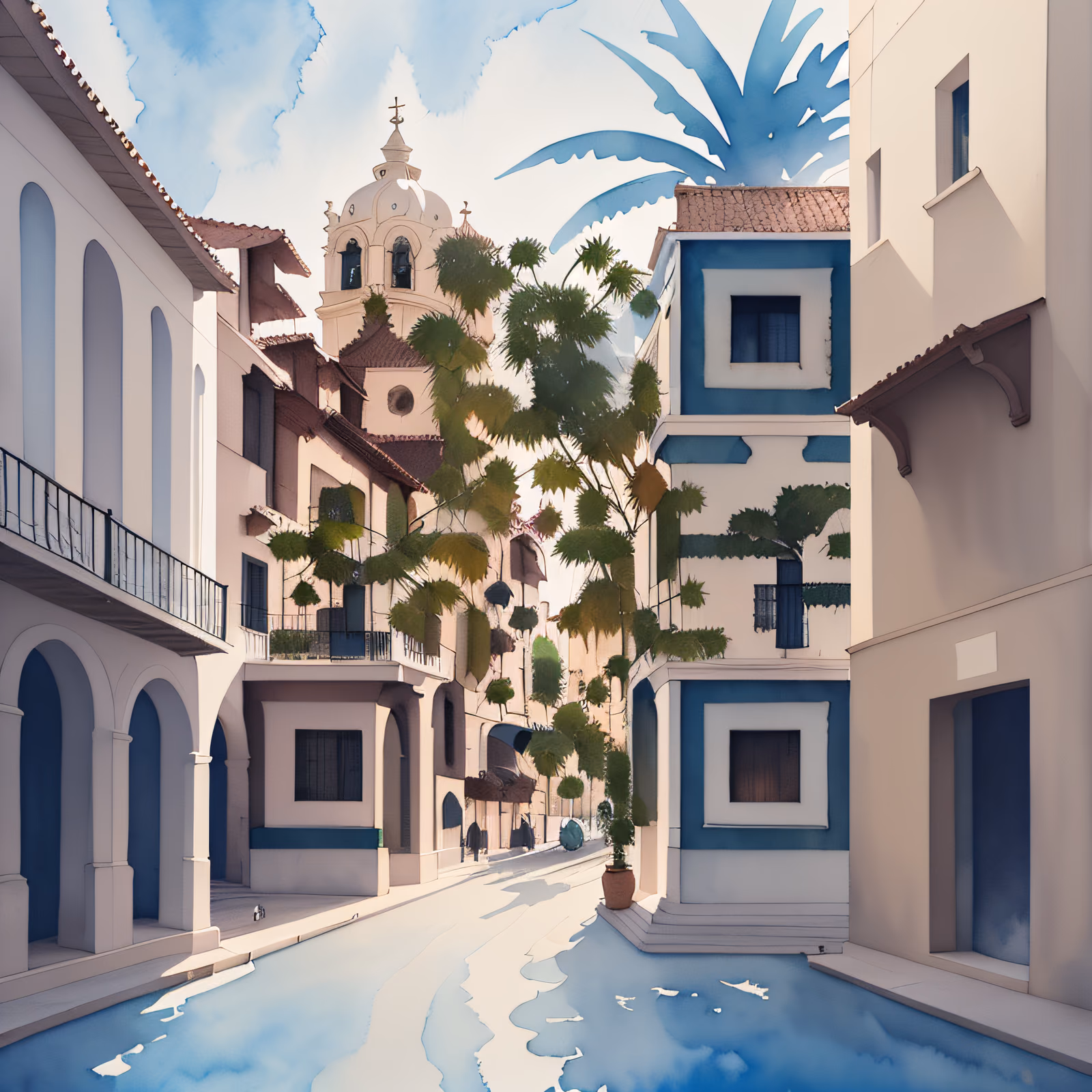 Colonial Plaza Street Watercolor QR Code Art — image 1