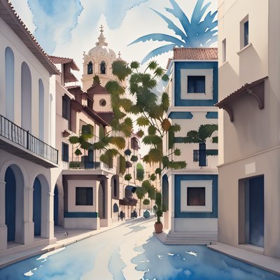 Colonial Plaza Street Watercolor QR Code Art