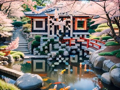 Японский сад с прудом кои: фотореалистичное QR-код искусство — изображение 1