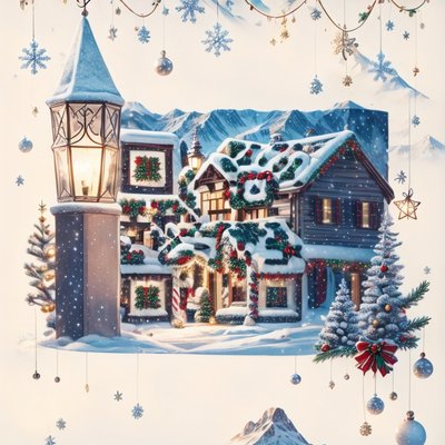 雪中圣诞木屋数码绘画二维码艺术贺卡设计
