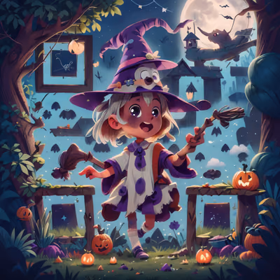 Kid Witch Halloween Night Illustration QR Code for Posters — image 1