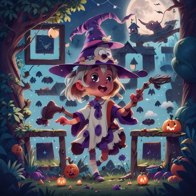 Kid Witch Halloween Night Illustration QR Code for Posters