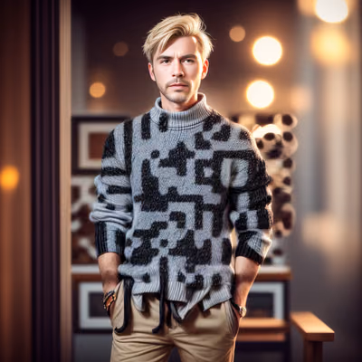 Man in Knit Sweater Photoreal QR Code for Apparel — image 1