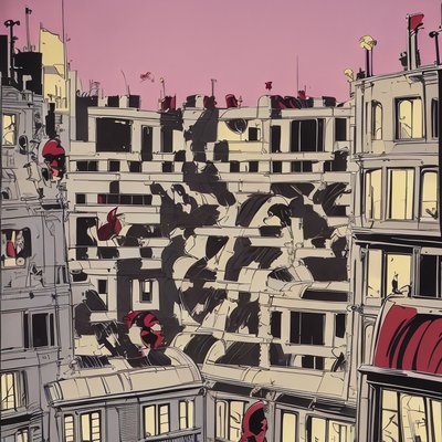 城市公寓外墙漫画风二维码设计海报