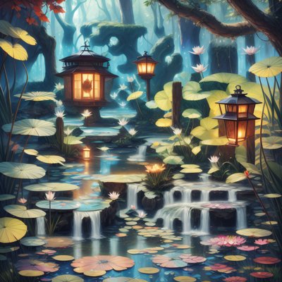 Lantern Forest Pond Matte Painting QR Code Art