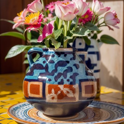 Mosaic Pottery Jug With Flowers QR Code Art