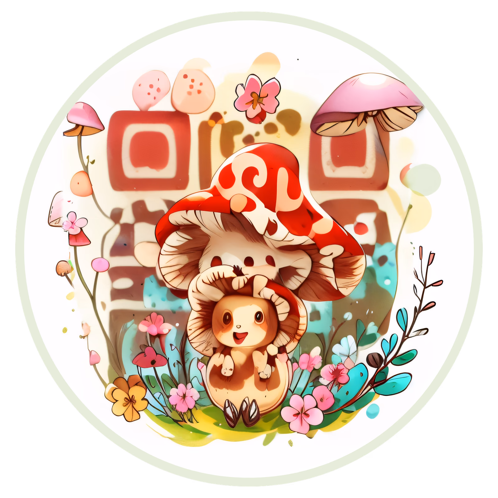 Kawaii Mushroom Flowers Cartoon QR Code for Stickers — image 1