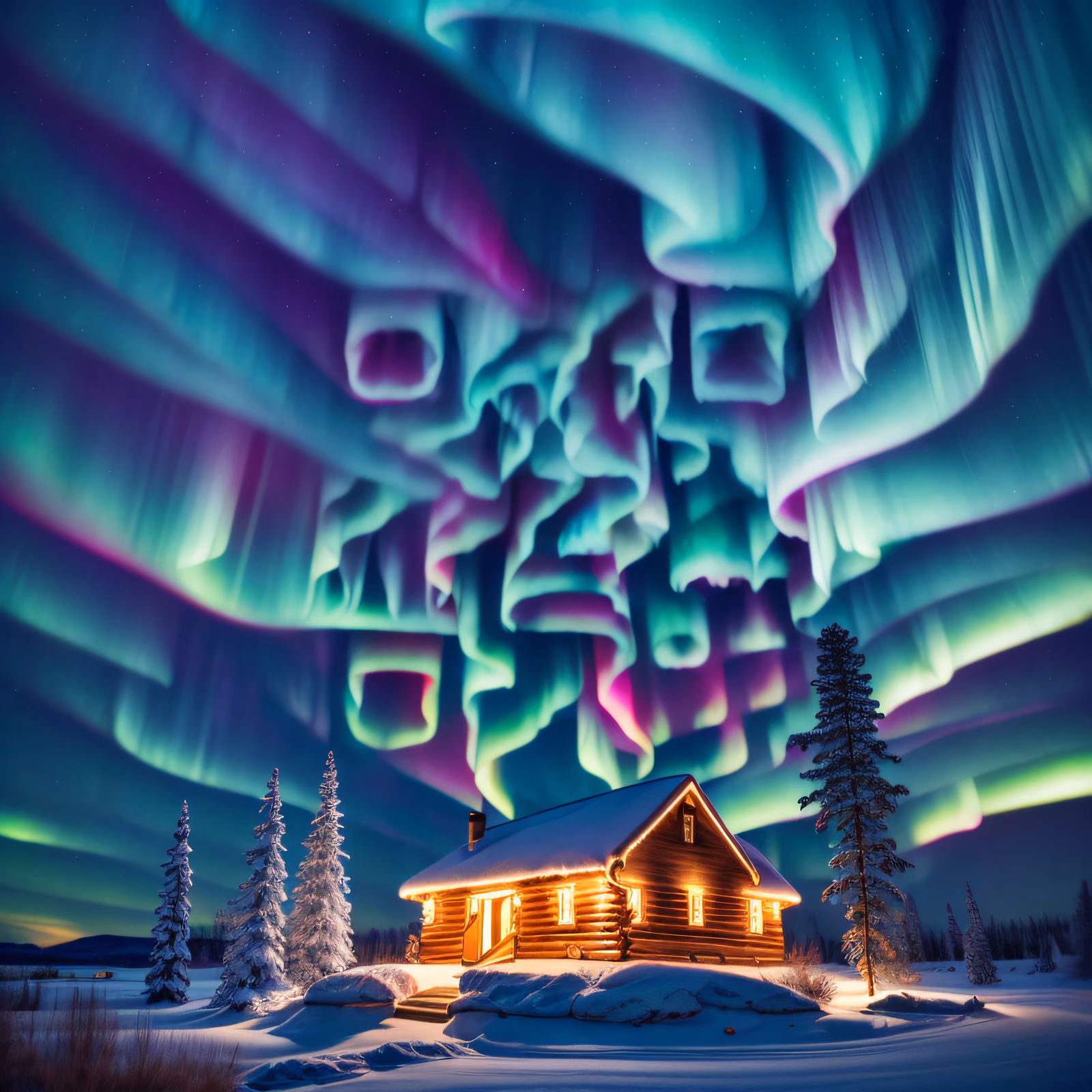 Полярное сияние над заснеженным домиком, фотореалистичный QR-код для постеров — изображение 1