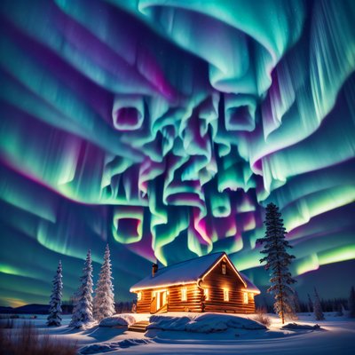 Aurora Over Snowy Cabin Photorealistic QR Code for Posters