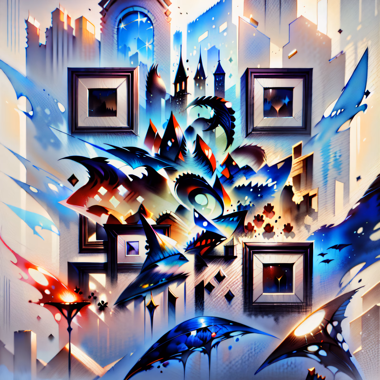 Abstract Gothic Cityscape Watercolor QR Code Art — image 1