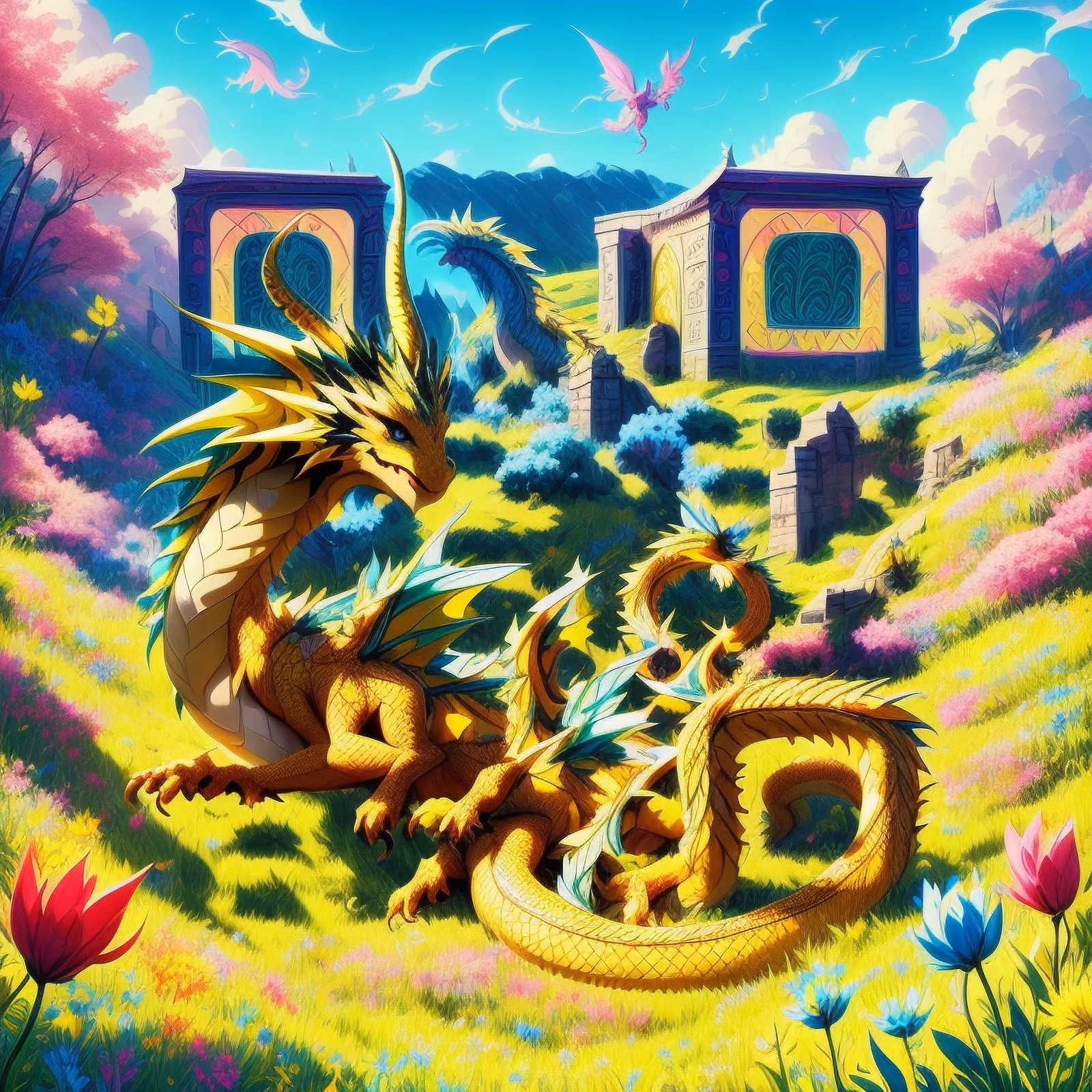 Жёлтый дракон на лугу: QR-код для постеров в стиле игрового арта — изображение 1