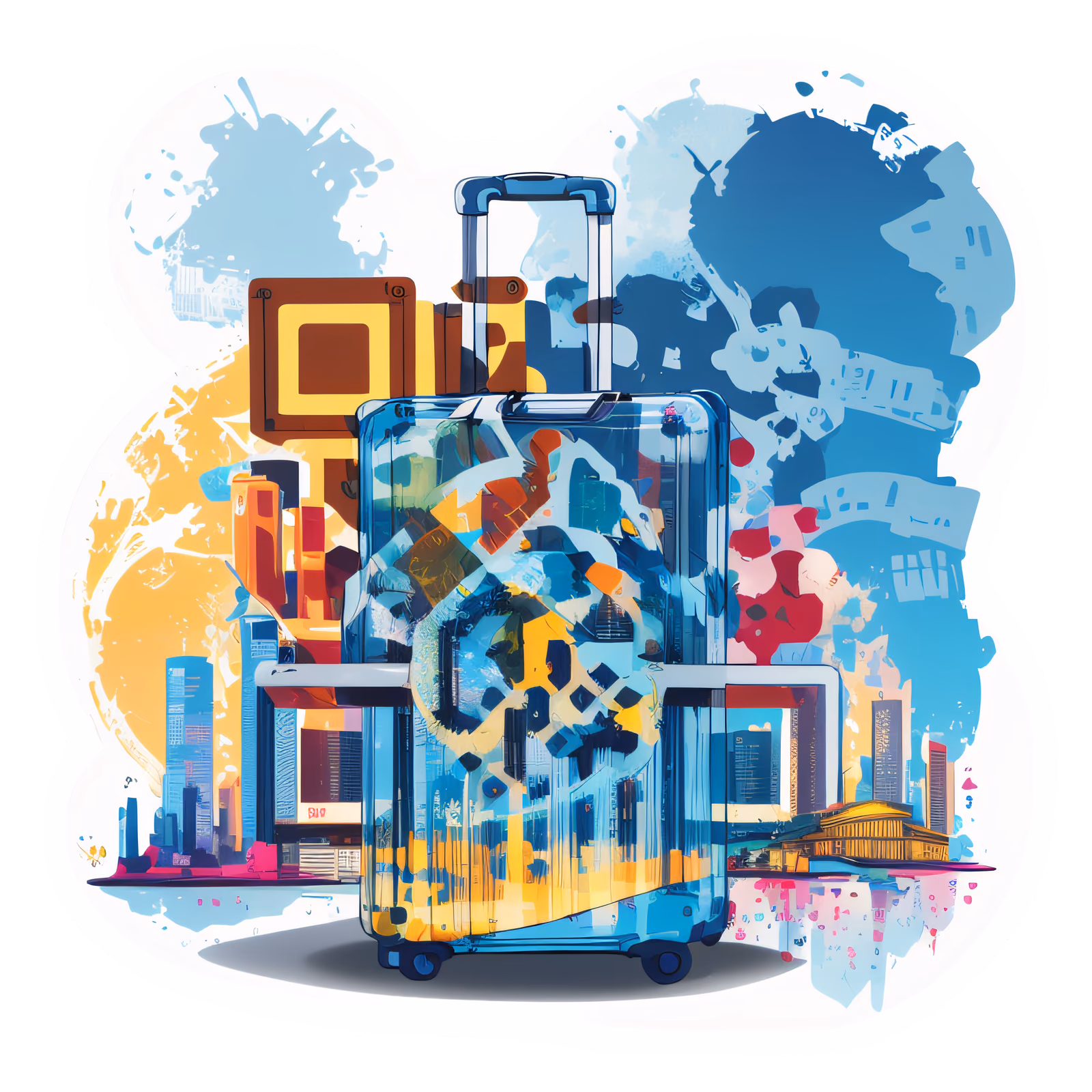 Чемодан на фоне городского силуэта: векторный QR-код для наклеек — изображение 1