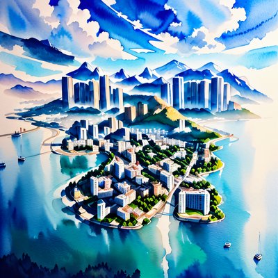 Coastal City Aerial Watercolor QR Code Art