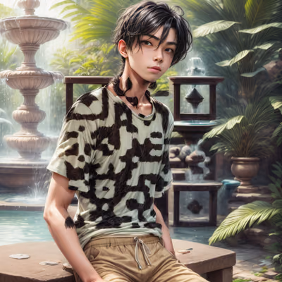 热带喷泉边的男孩绘画风格二维码艺术,适用于海报 — 图片 1