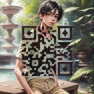 热带喷泉边的男孩绘画风格二维码艺术,适用于海报
