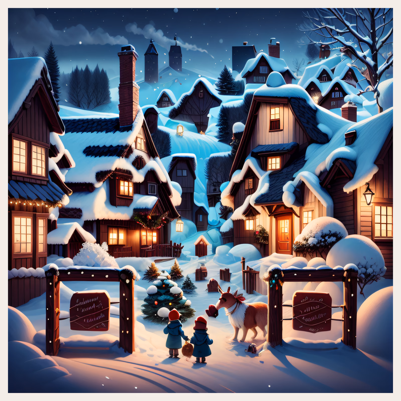 Snowy Christmas Village Digital Painting Kids QR Code for Greeting Cards — image 1