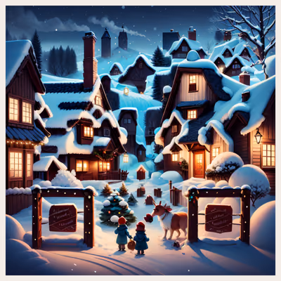 Snowy Christmas Village Digital Painting Kids QR Code for Greeting Cards — image 1