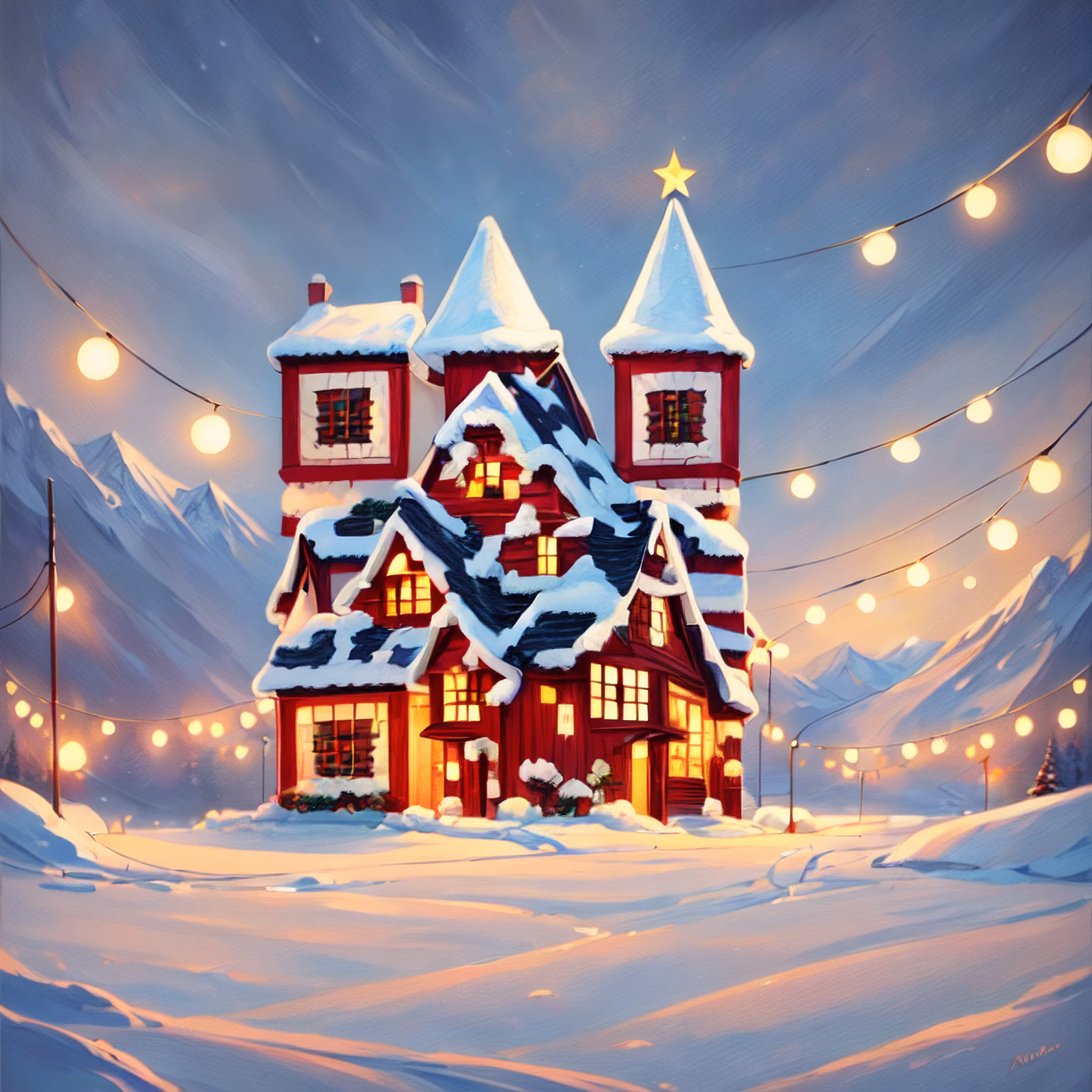 Snowy Christmas House Painting Winter QR Code for Greeting Cards — image 1