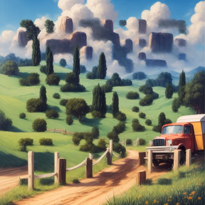 Red Truck Countryside Matte Painting QR Code Art — image 1