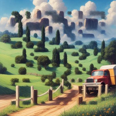 Red Truck Countryside Matte Painting QR Code Art