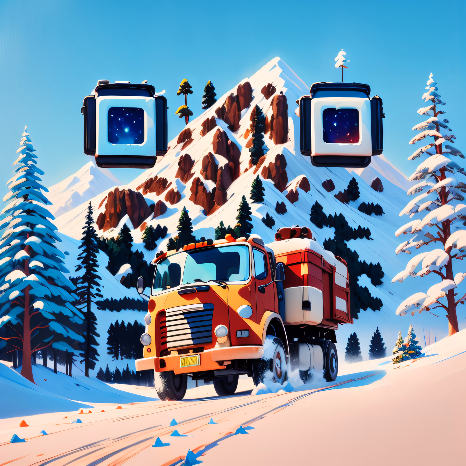 Red Truck Snowy Mountain Gouache Mountains QR Code for Posters — image 1