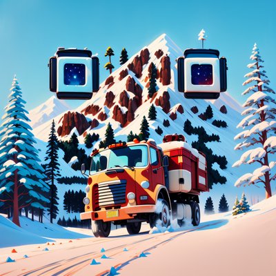 Red Truck Snowy Mountain Gouache Mountains QR Code for Posters