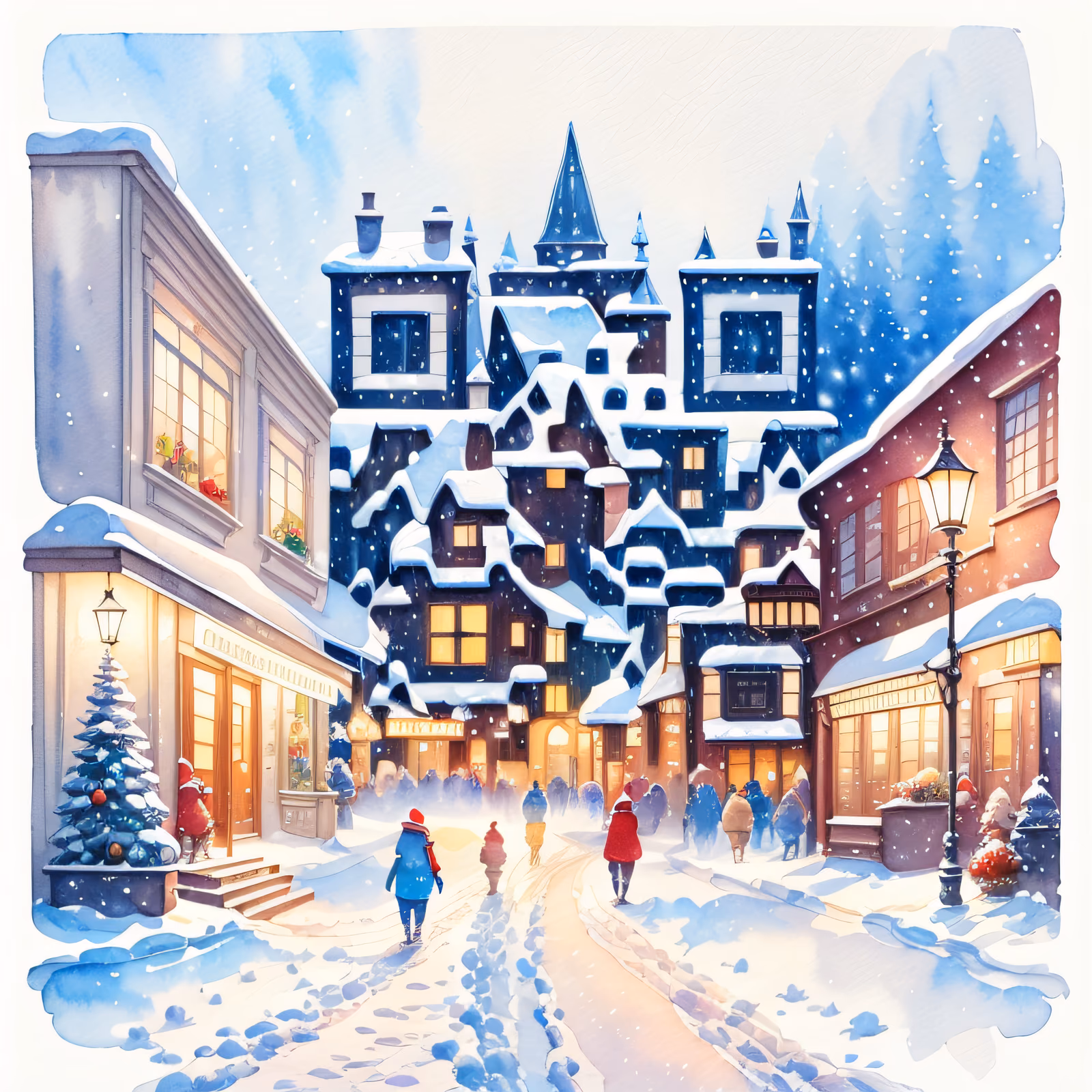 Snowy Christmas Village Watercolor Street QR Code for Greeting Cards — image 1