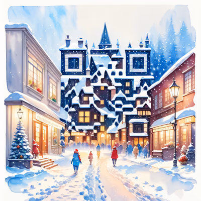 Snowy Christmas Village Watercolor Street QR Code for Greeting Cards — image 1