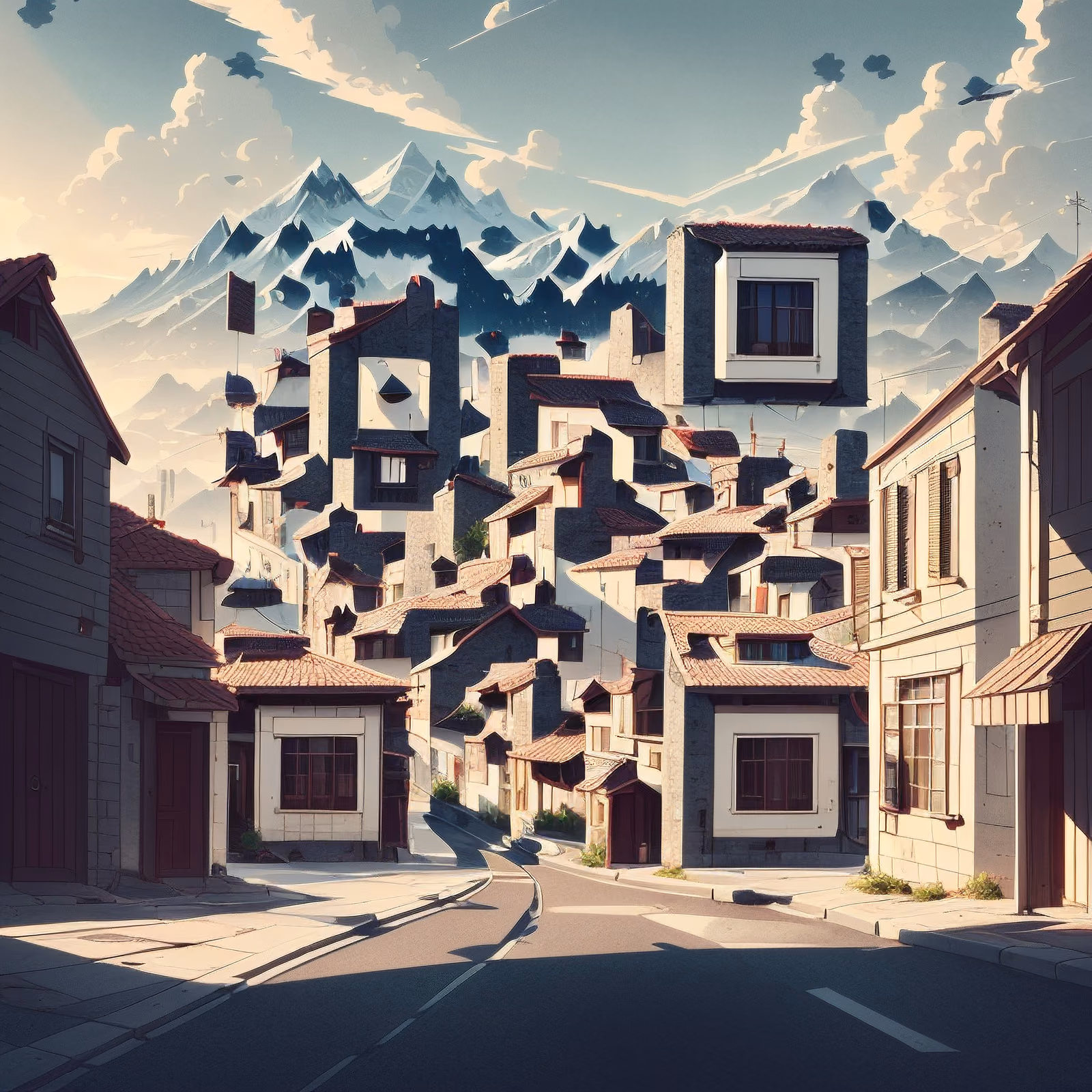 Mountain Village Street Cartoon QR Code Art — image 1
