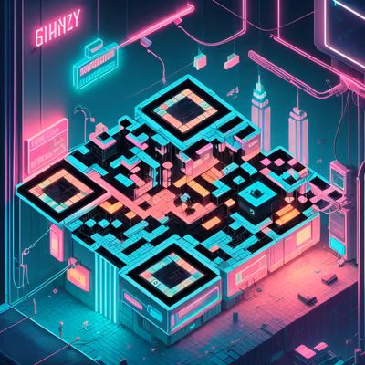 Isometric Neon Cyberpunk City QR Code for Posters — image 1