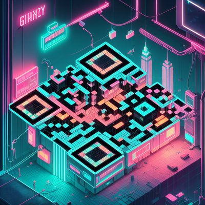 Isometric Neon Cyberpunk City QR Code for Posters